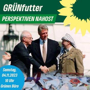 Handschlag Rabin-Arrafat mit Bill Clinton in der Mitte, darunter Geschirrscherben