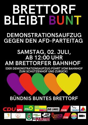 Brettorf bleibt bunt - Demo gegen den AfD-Parteitag. Samstag, 2. Juli, ab 12 Uhr am Brettorfer Bahnhof